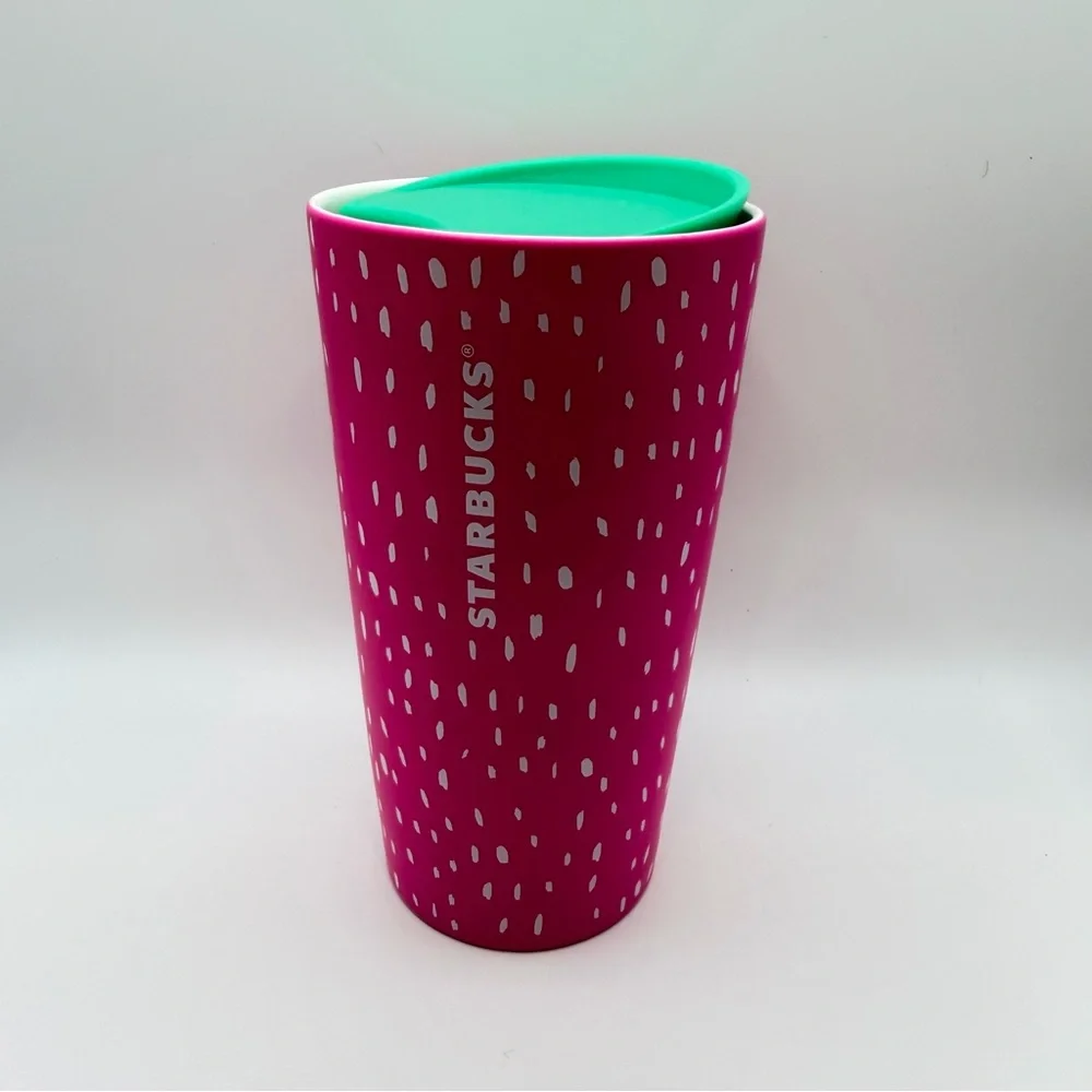 New Starbucks 2022 Summer Dots Strawberry Neon Pink Ceramic Travel Tumbler